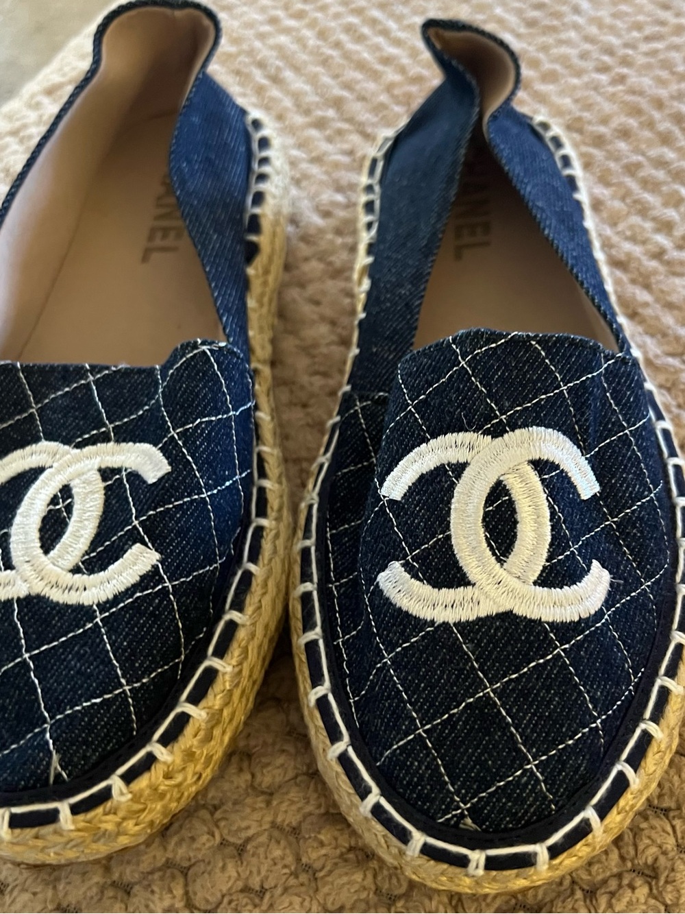 Flat  Navy Denim Espadrilles with White CC Embroidery